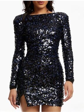 Dress the Population Navy Sequin Long-Sleeve Mini Dress NWT